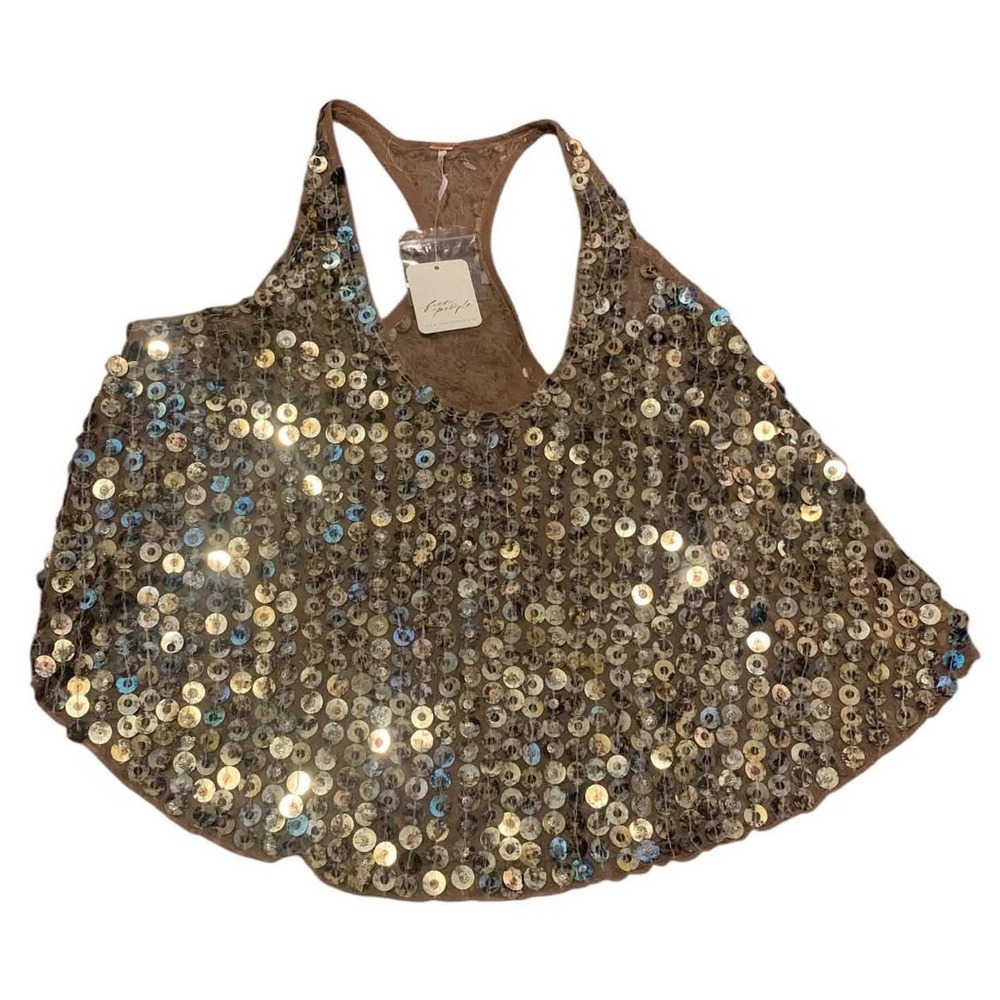 Free People All That Glitters Tank Women M Gold Sequin Mesh Racerback OB1760325